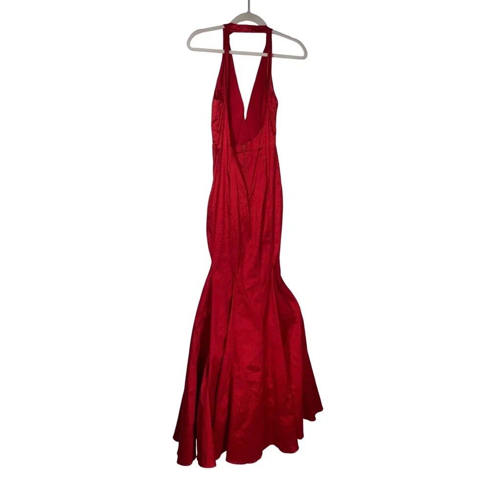 Red Halter Mermaid Formal Gown Dress V-Neck Open Back Tulle Crinoline Size M